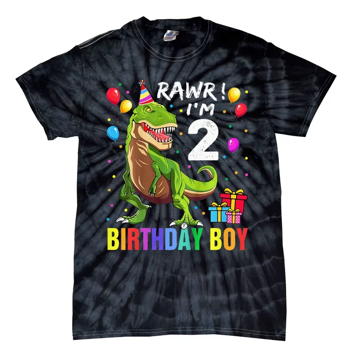 Kids 2 Year Old 2nd Birthday Boy T Rex Dinosaur Tie-Dye T-Shirt