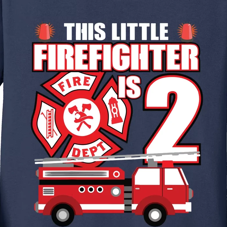 Kids 2 Year Old Firefighter Birthday Party Fire Truck 2nd Gift Kids Long Sleeve Shirt