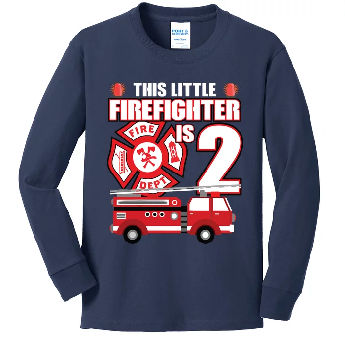 Kids 2 Year Old Firefighter Birthday Party Fire Truck 2nd Gift Kids Long Sleeve Shirt