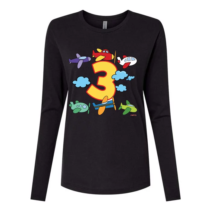 Kids 3rd Birthday Boy Airplane Pilot 3 Years Birthday Womens Cotton Relaxed Long Sleeve T-Shirt