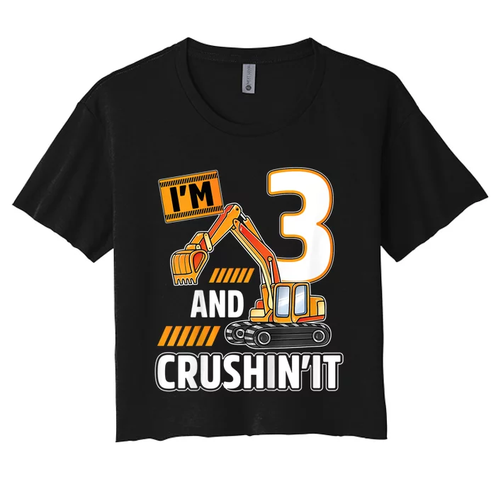 Kids 3 Year Old Vehicles Construction Excavator Birthday 3rd Women's Crop Top Tee