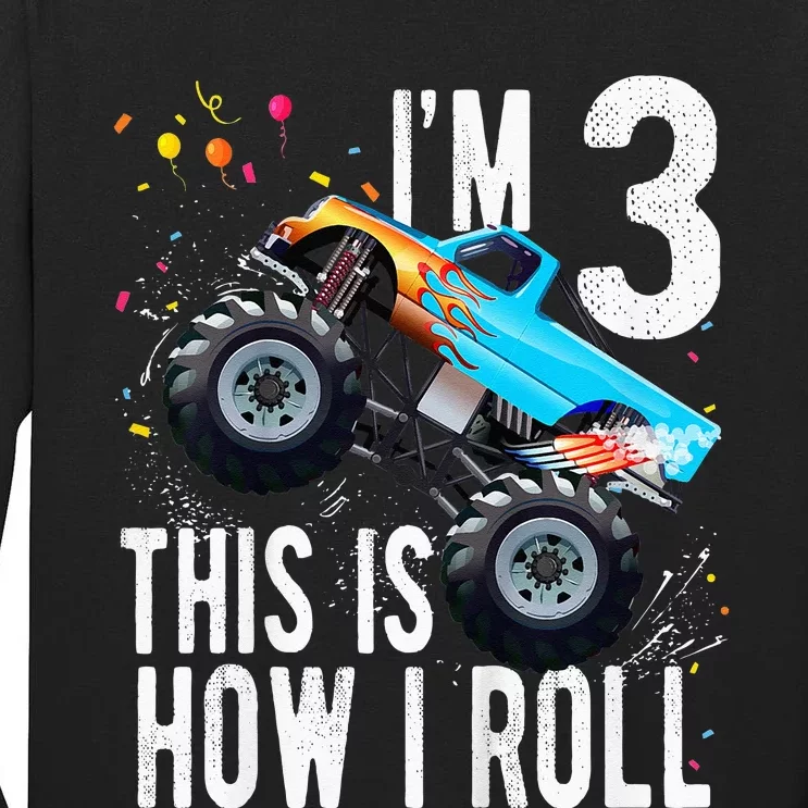 Kids 3 Year Old 3rd Birthday Boy Monster Truck Car Tall Long Sleeve T-Shirt