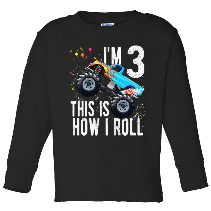 Kids 3 Year Old 3rd Birthday Boy Monster Truck Car Toddler Long Sleeve Shirt