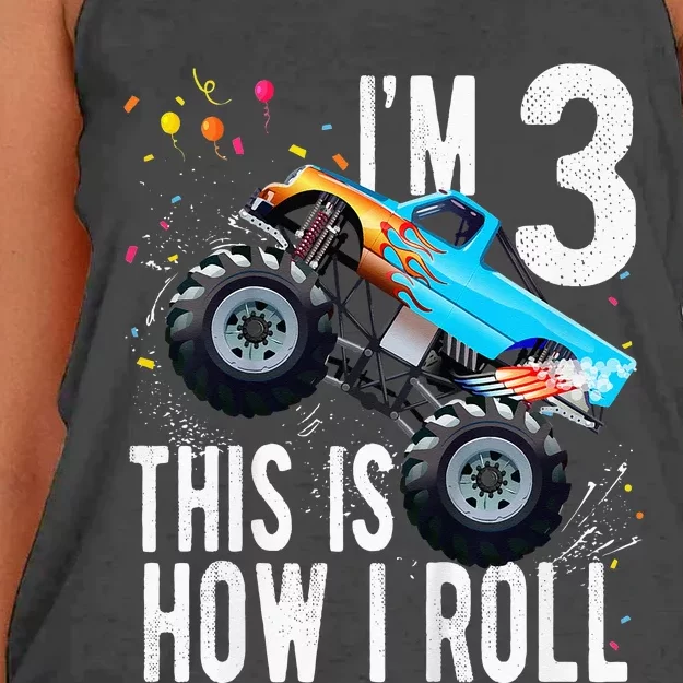 Kids 3 Year Old 3rd Birthday Boy Monster Truck Car Women's Knotted Racerback Tank