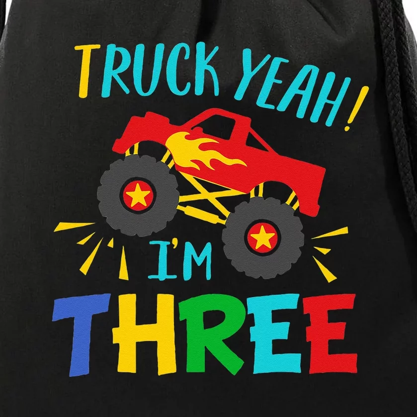 Kids 3 Years Old Birthday Gift Truck Yeah Im Three Funny Drawstring Bag