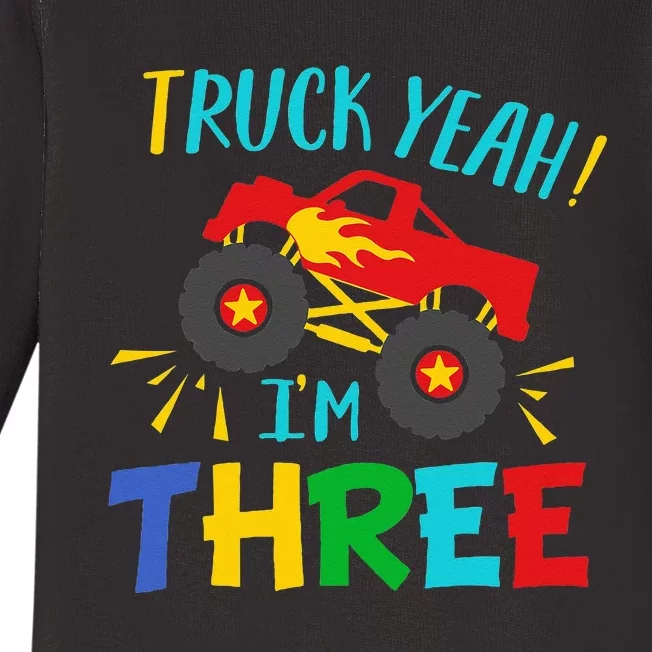 Kids 3 Years Old Birthday Gift Truck Yeah Im Three Funny Baby Long Sleeve Bodysuit