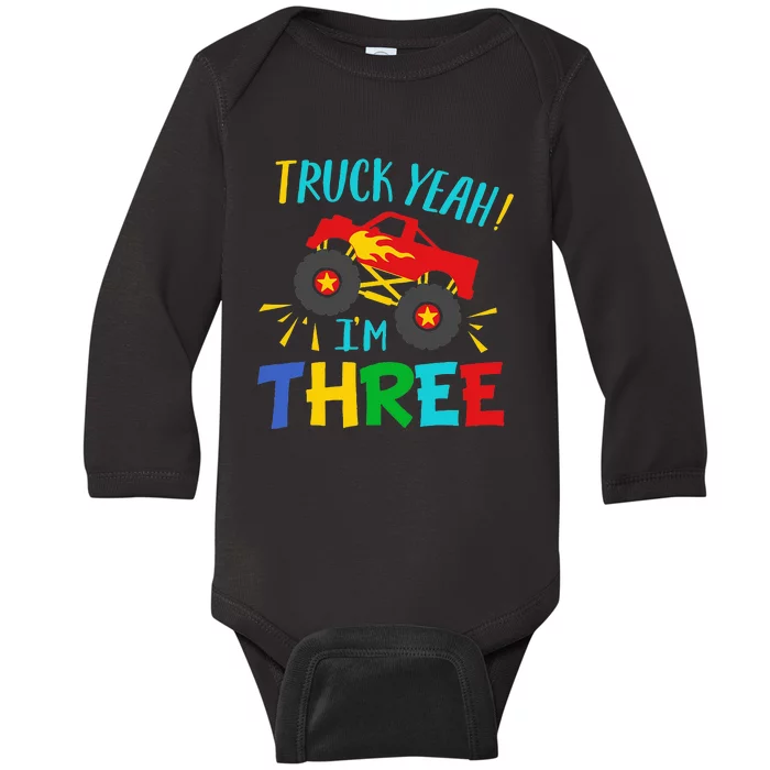 Kids 3 Years Old Birthday Gift Truck Yeah Im Three Funny Baby Long Sleeve Bodysuit