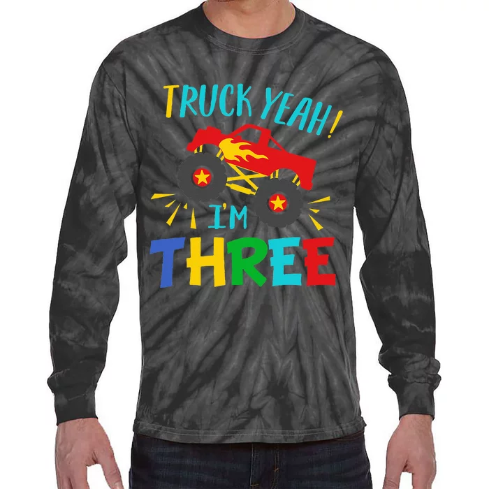 Kids 3 Years Old Birthday Gift Truck Yeah Im Three Funny Tie-Dye Long Sleeve Shirt