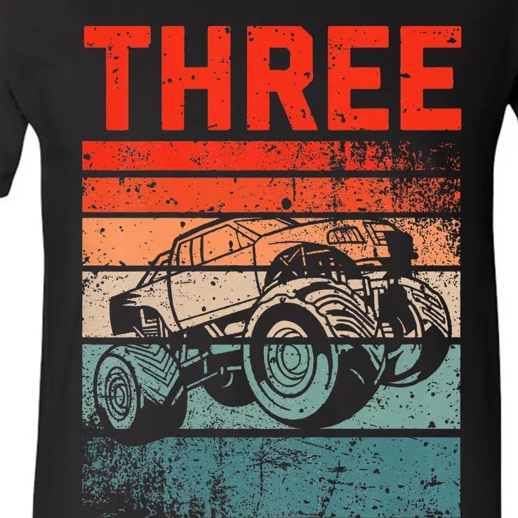 Kids 3 Year Old 3rd Birthday Monster Truck V-Neck T-Shirt