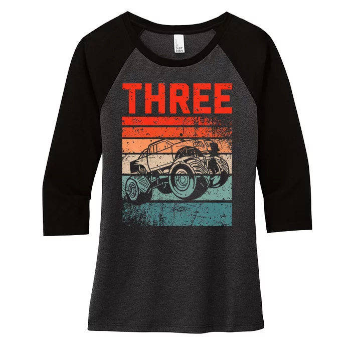 Kids 3 Year Old 3rd Birthday Monster Truck Women's Tri-Blend 3/4-Sleeve Raglan Shirt