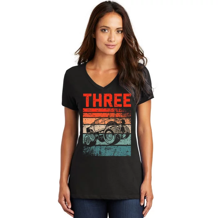 Kids 3 Year Old 3rd Birthday Monster Truck Women's V-Neck T-Shirt