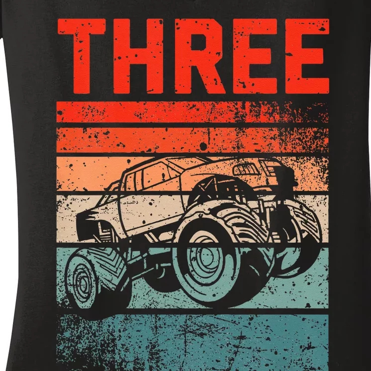 Kids 3 Year Old 3rd Birthday Monster Truck Women's V-Neck T-Shirt