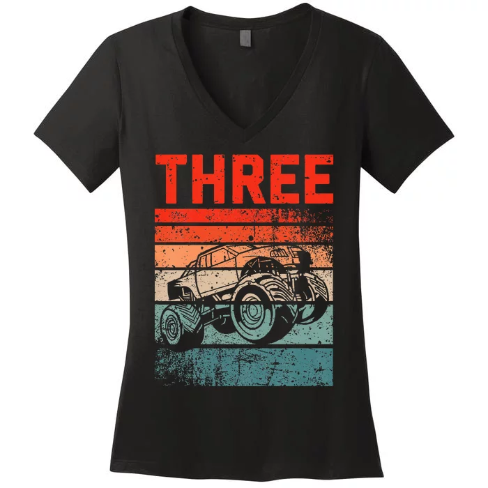 Kids 3 Year Old 3rd Birthday Monster Truck Women's V-Neck T-Shirt