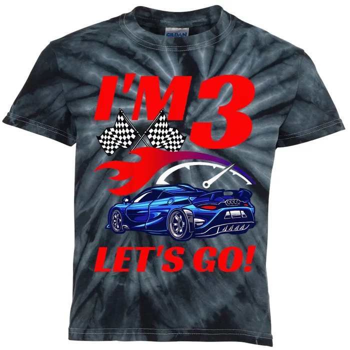 Kids 3 Year Old 3rd Racing Racecar Birthday Party Kids Tie-Dye T-Shirt