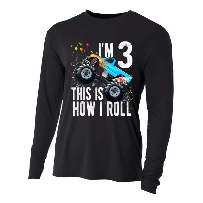 Kids 3 Year Old 3rd Birthday Boy Monster Truck Car Cooling Performance Long Sleeve Crew