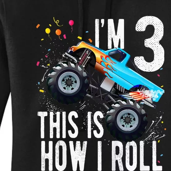 Kids 3 Year Old 3rd Birthday Boy Monster Truck Car Women's Pullover Hoodie