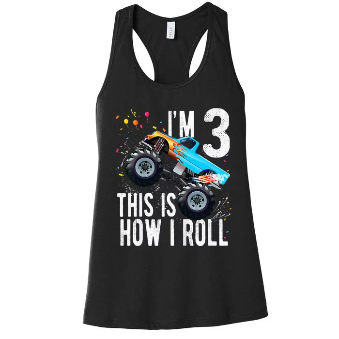 Kids 3 Year Old 3rd Birthday Boy Monster Truck Car Women's Racerback Tank