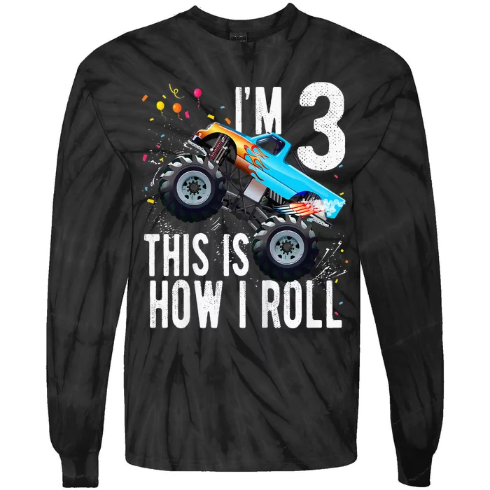 Kids 3 Year Old 3rd Birthday Boy Monster Truck Car Tie-Dye Long Sleeve Shirt