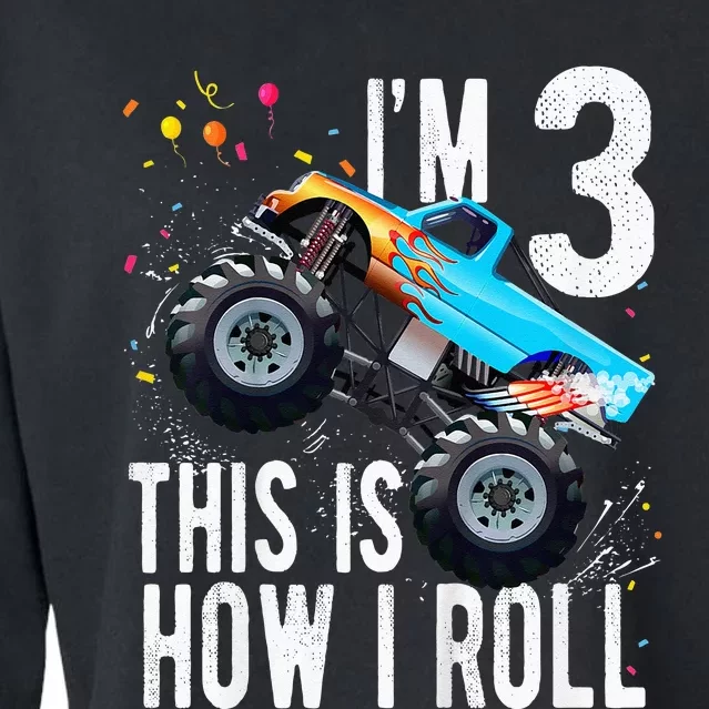 Kids 3 Year Old 3rd Birthday Boy Monster Truck Car Cropped Pullover Crew