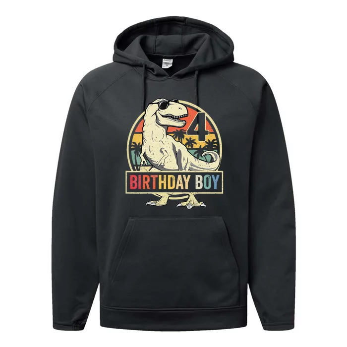 Kids 4 Year Old 4th Birthday Boy T Rex Dinosaur Performance Fleece Hoodie