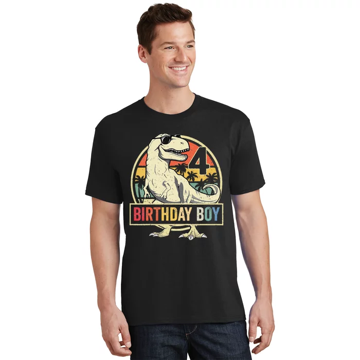 Kids 4 Year Old 4th Birthday Boy T Rex Dinosaur T-Shirt