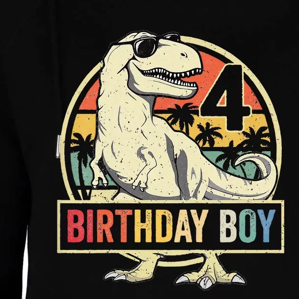 Kids 4 Year Old 4th Birthday Boy T Rex Dinosaur Womens Funnel Neck Pullover Hood