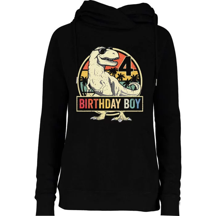 Kids 4 Year Old 4th Birthday Boy T Rex Dinosaur Womens Funnel Neck Pullover Hood