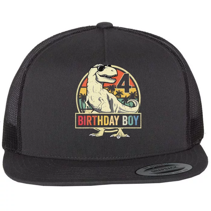 Kids 4 Year Old 4th Birthday Boy T Rex Dinosaur Flat Bill Trucker Hat