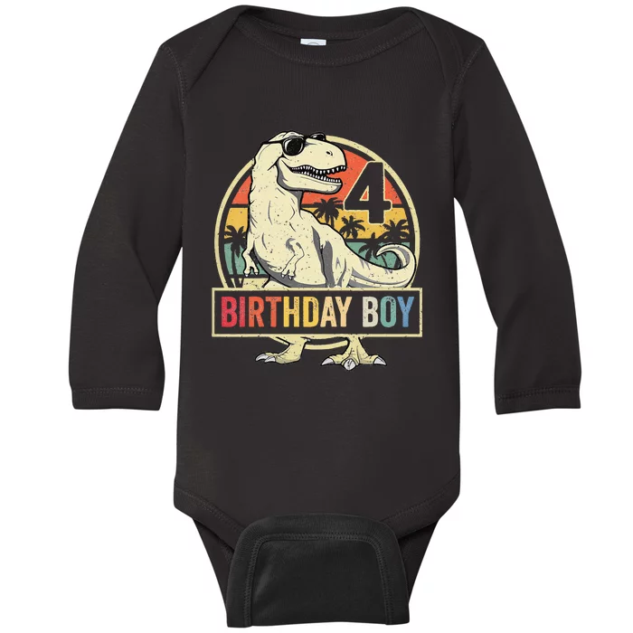 Kids 4 Year Old 4th Birthday Boy T Rex Dinosaur Baby Long Sleeve Bodysuit