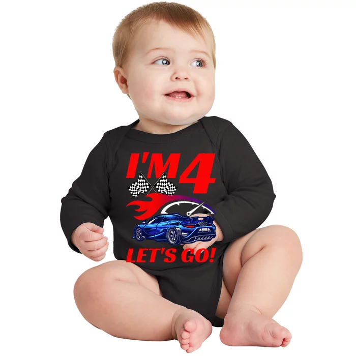 Kids 4 Year Old 4th Racing Racecar Birthday Party Baby Long Sleeve Bodysuit