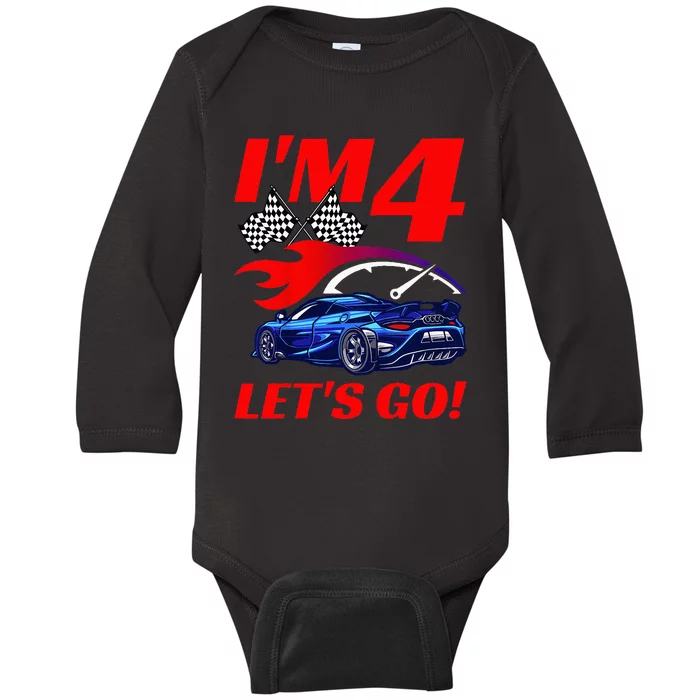 Kids 4 Year Old 4th Racing Racecar Birthday Party Baby Long Sleeve Bodysuit