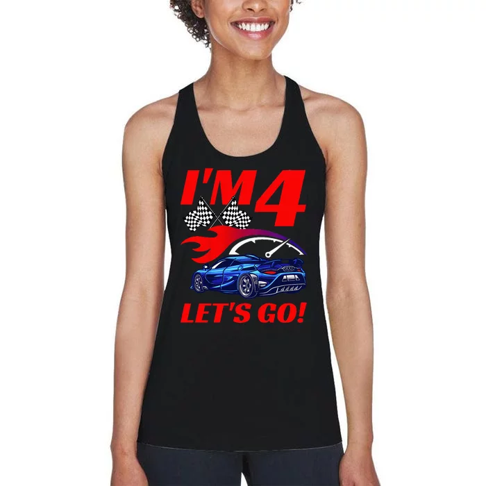 Kids 4 Year Old 4th Racing Racecar Birthday Party Women's Racerback Tank