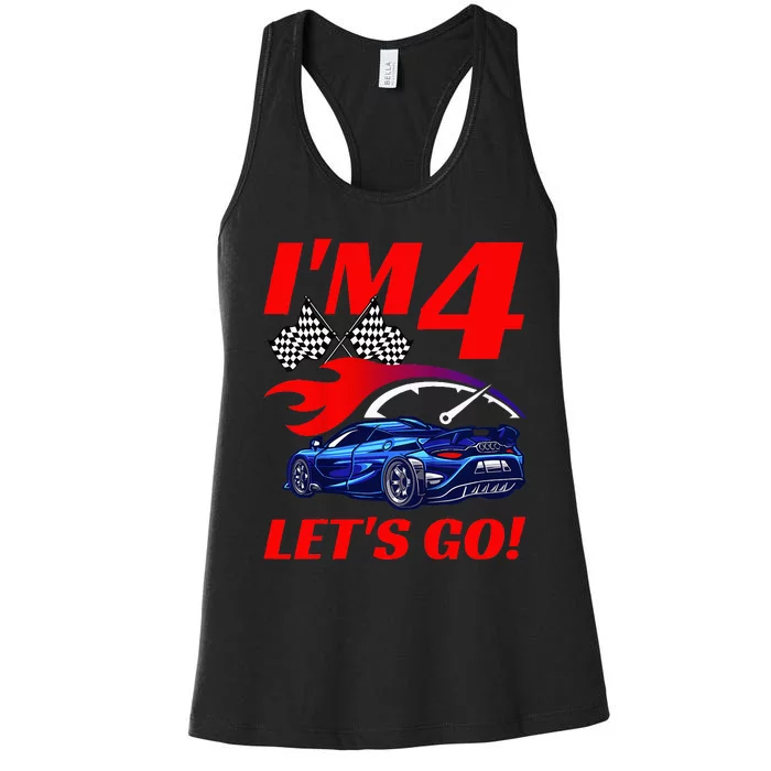 Kids 4 Year Old 4th Racing Racecar Birthday Party Women's Racerback Tank