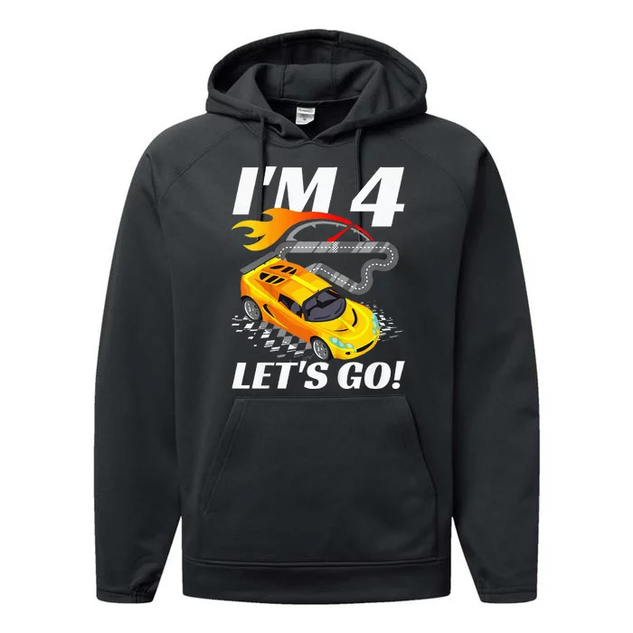 Kids 4 Year Old 4th Racing Racecar Birthday Party Performance Fleece Hoodie