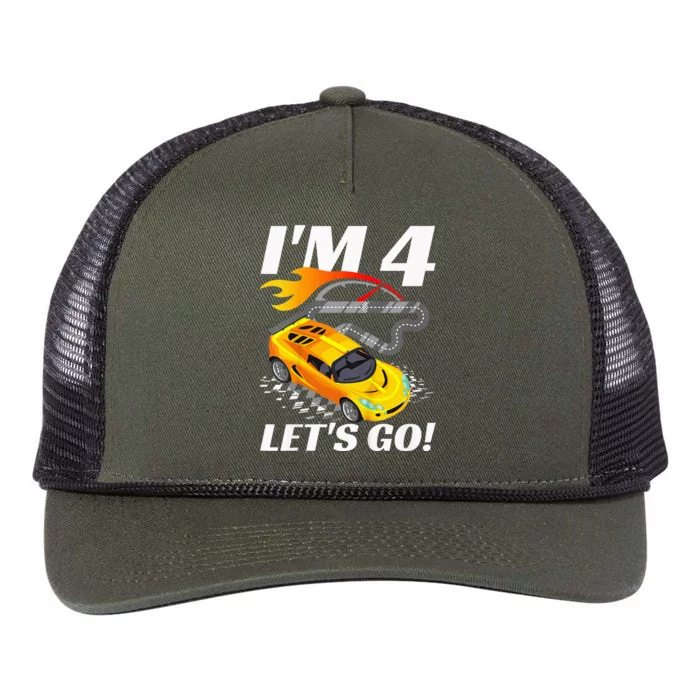 Kids 4 Year Old 4th Racing Racecar Birthday Party Retro Rope Trucker Hat Cap