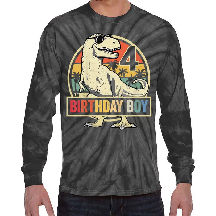 Kids 4 Year Old Shirt 4th Birthday Boy T Rex Dinosaur Tie-Dye Long Sleeve Shirt