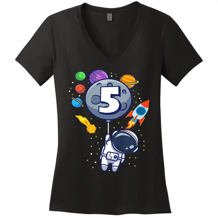 K.i.d.s 5th Birthday Astronaut 5 Year Old Birthday Boy Women's V-Neck T-Shirt