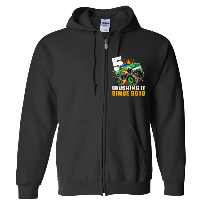 Kid 5 Crushing It Since 2018 Monster Truck 5th Birthday Boy Full Zip Hoodie