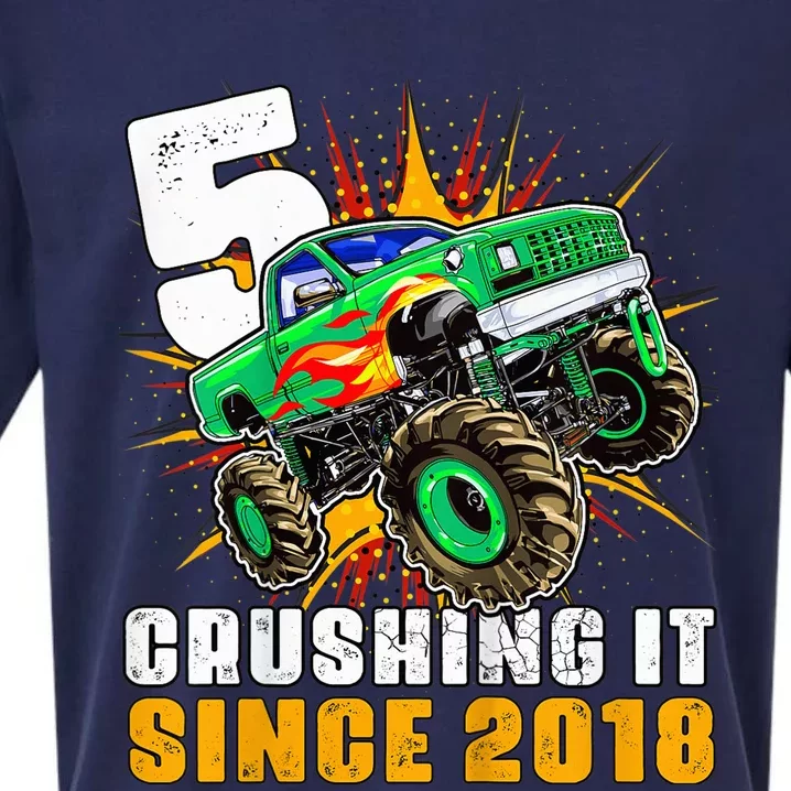 Kid 5 Crushing It Since 2018 Monster Truck 5th Birthday Boy Sueded Cloud Jersey T-Shirt