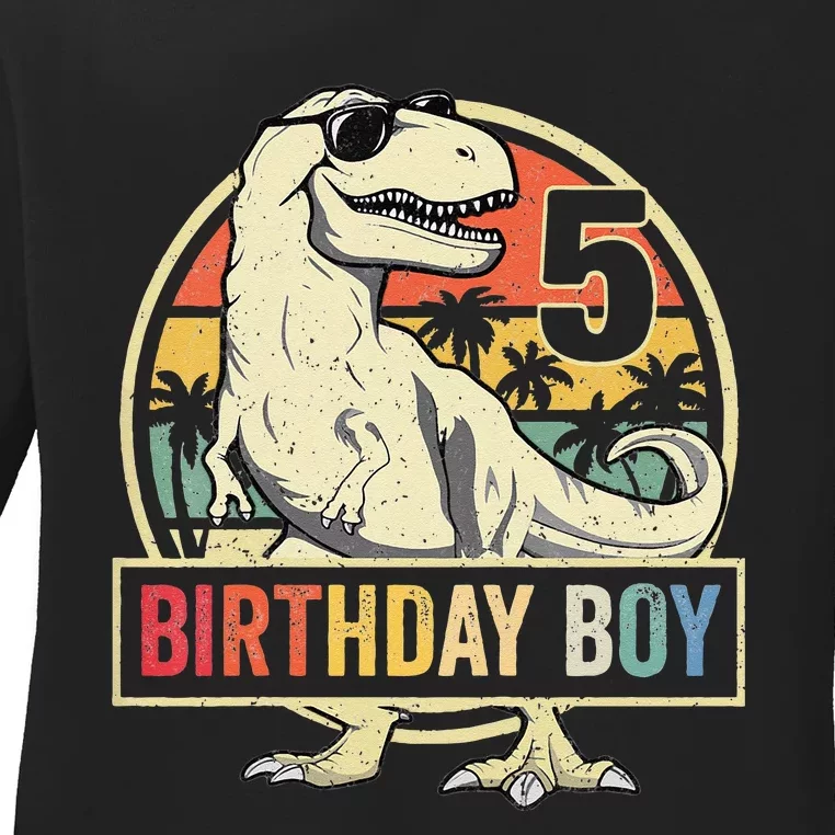 Kids 5 Year Old 5th Birthday Boy T Rex Dinosaur Ladies Long Sleeve Shirt