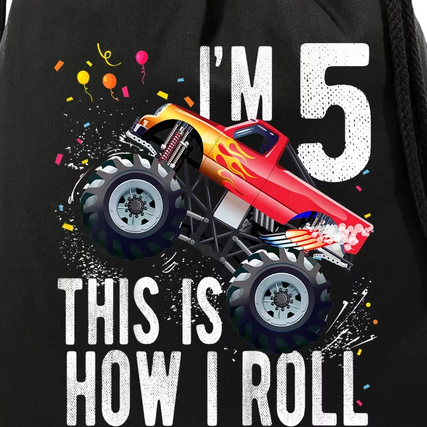 K.i.d.s 5 Year Old Shirt 5th Birthday Boy Monster Truck Car Drawstring Bag