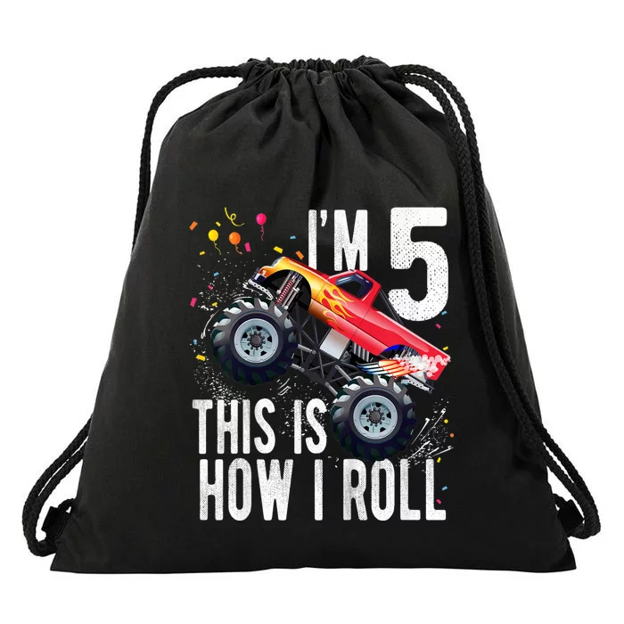 K.i.d.s 5 Year Old Shirt 5th Birthday Boy Monster Truck Car Drawstring Bag