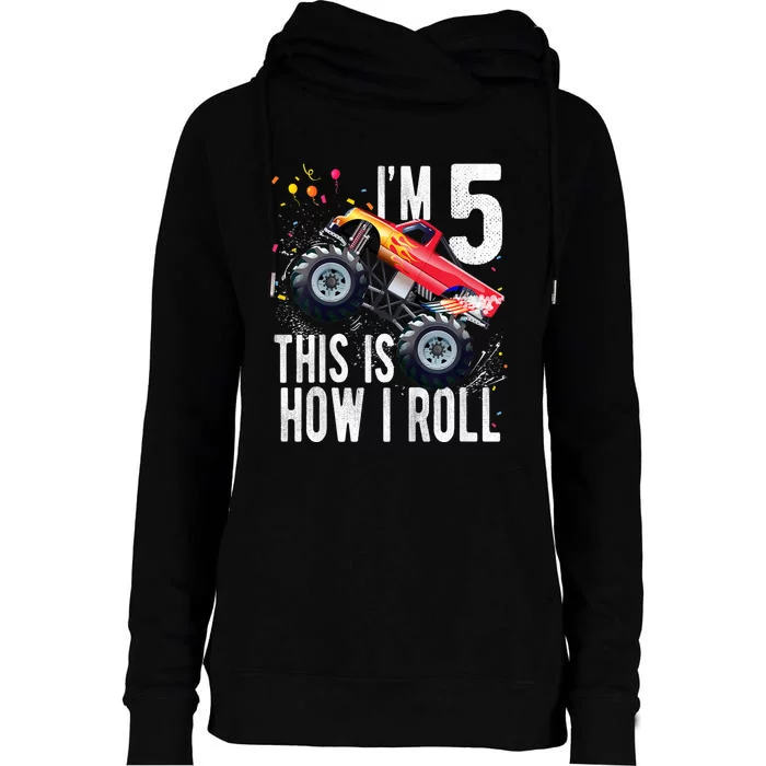 K.i.d.s 5 Year Old Shirt 5th Birthday Boy Monster Truck Car Womens Funnel Neck Pullover Hood