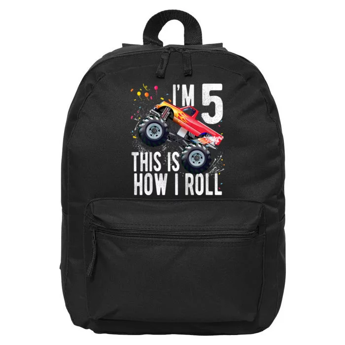 K.i.d.s 5 Year Old Shirt 5th Birthday Boy Monster Truck Car 16 in Basic Backpack