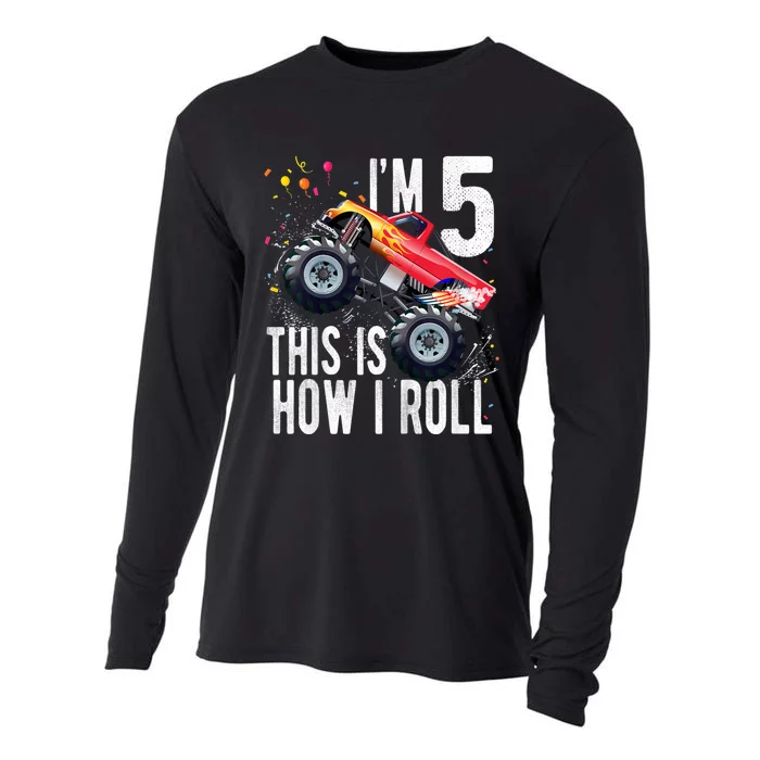 K.i.d.s 5 Year Old Shirt 5th Birthday Boy Monster Truck Car Cooling Performance Long Sleeve Crew