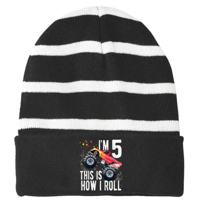 K.i.d.s 5 Year Old Shirt 5th Birthday Boy Monster Truck Car Striped Beanie with Solid Band