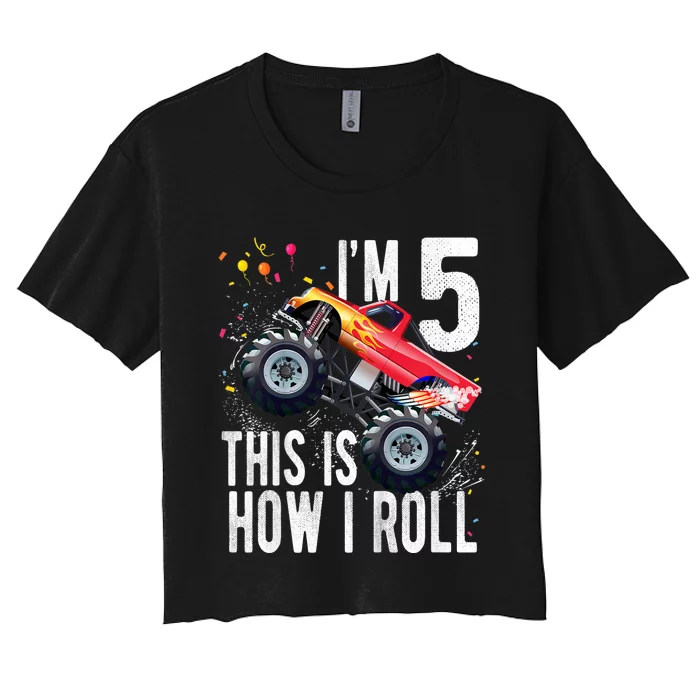 K.i.d.s 5 Year Old Shirt 5th Birthday Boy Monster Truck Car Women's Crop Top Tee