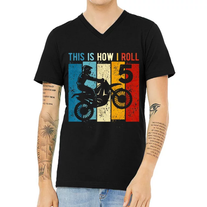 Kids 5 Year Old Birthday Boy Motocross 5th Birthday Dirt Bike V-Neck T-Shirt