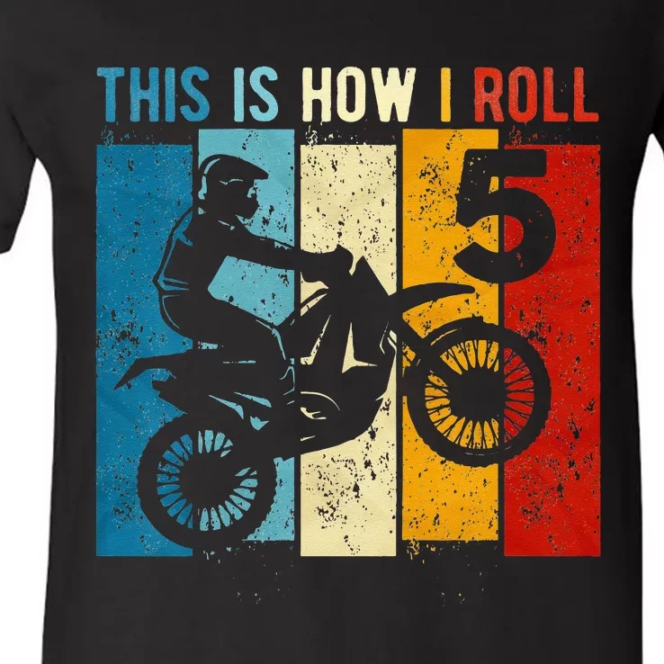 Kids 5 Year Old Birthday Boy Motocross 5th Birthday Dirt Bike V-Neck T-Shirt