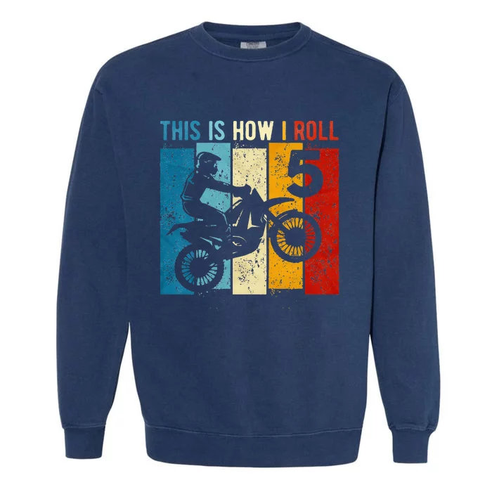 Kids 5 Year Old Birthday Boy Motocross 5th Birthday Dirt Bike Garment-Dyed Sweatshirt